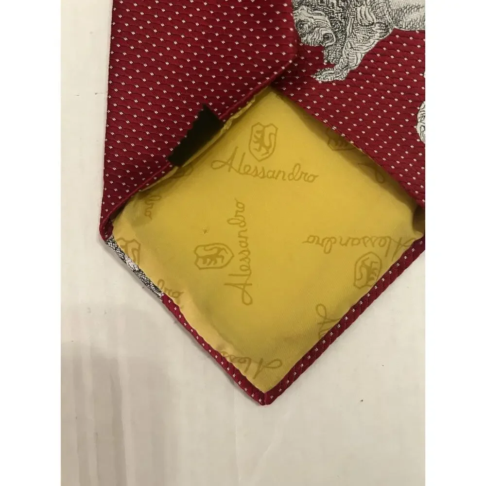 Vtg 70s‎ Allesandro Mens Tie Lions Head Red Microdot Polyester 4.5” Wide Necktie